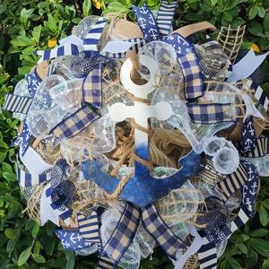 White and Blue Anchor Wreath, Nautical Wreath, Deco Mesh Wreath.